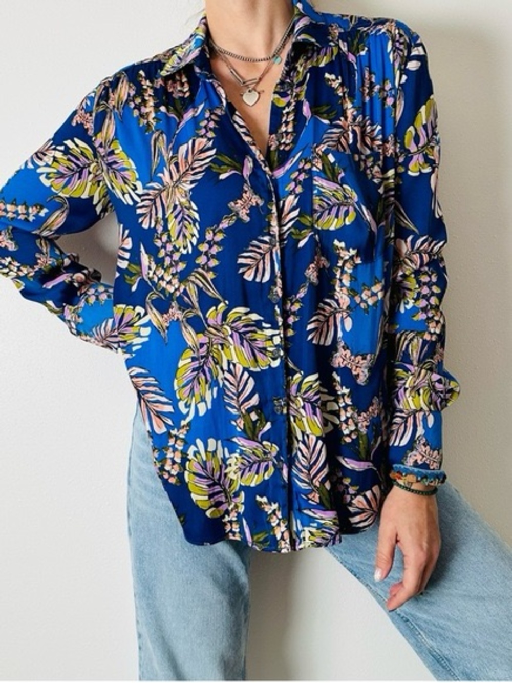 Free People Blue Floral Under the Palms Silky Button Down Blouse NWOT